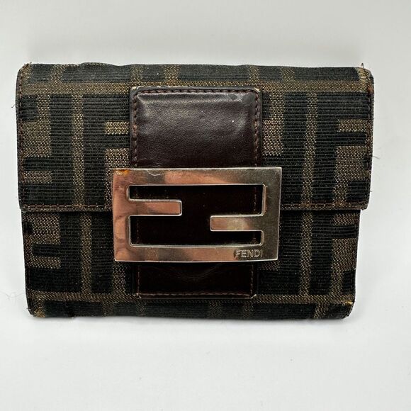 Authentic Fendi Zucca Trifold Wallet Canvas Calf Leather - *See Notes* - Picture 1 of 16